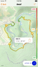 Heat map visualization of altitude along recorded track on top of topographic map